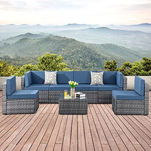 Load image into Gallery viewer, SUNLEI 7pcs Patio Outdoor Furniture Sets Conversation Set,Low Back All-Weather Rattan Sectional Sofa with Tea Table&Washable Couch Cushions(Silver Rattan)(Aegean Blue)