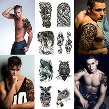 Load image into Gallery viewer, Playmax 8 Sheets of Stylish Waterproof Large Snake Koi Fish Skull Owl Wolf Mechanical Arm Devil Biker Gym Lover Body Arms Shoulders Chest Back Temporary Tattoo Stickers for Teens Guys Boys Men