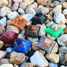 Load image into Gallery viewer, 7 mini pyramids for self-care, harmony, meditation, yoga, spirituality, crystal decor, balance workspace made of Orange calcite, Shungite, Lapis, Quartz Crystal, Chrysoprase, Bronzite, Rhodonite