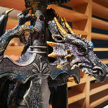 Load image into Gallery viewer, PARSAHO Gothic Medieval Mythic Guardian Gold Coin Dragon Sword Holding A Textured Glowing Ball Statue Table Lamp Halloween Decor Resin Special Home Bedroom Decor Gift 11.4x10.2x30.8 Inches