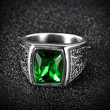 Load image into Gallery viewer, MASOP Titanium Steel Statement Ring Green Square Zircon Vintage Silver Tone Size 12