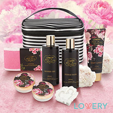 Load image into Gallery viewer, Home Spa Gift Basket, Luxury 8 Piece Bath & Body Set For Men and Women, Fresh Peony Scent - Contains Shower Gel, Bubble Bath, Lotion, Bath Salt, Body Scrub, Bath Soap, Back Scrubber & Cosmetic Bag