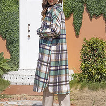 Load image into Gallery viewer, Long Plaid Cardigan For Women Long Sleeve Lapel Button Down Plaid Trench Coat ShirtFall Winter Jackets(21-Color green,S)