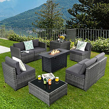 Load image into Gallery viewer, Tangkula 9 Pieces Patio Rattan Furniture Set, Patiojoy Sectional Sofa Set w/Fire Pit Table, Storage Box, Coffee Table, Outdoor Wicker Conversation Set w/ 42” Propane Fire Pit Table (Grey)