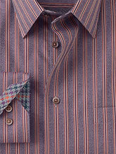 Load image into Gallery viewer, Paul Fredrick Men's Classic Fit Non-Iron Cotton Stripe Dress Shirt Grey/Burgundy 17.5/35 DHR490B