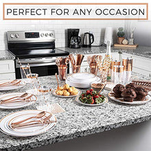 Load image into Gallery viewer, SIRSIMON 250 Piece Disposable Rose Gold Plastic Dinnerware Set - 50 Rose Gold Plastic Plates - 25 Rose Gold Plastic Silverware - 25 RoseGold Cups and Straws - 50 Fancy Napkins, Wedding or Party of 25