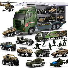 Load image into Gallery viewer, 26 Pcs Military Truck with Soldier Men Set(2 in 1), Mini Die-cast Battle Car in Carrier Truck, Army Toy Double Side Transport Vehicle for Kid Child Girl Boy Play Birthday Party Favors