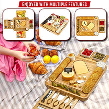 Load image into Gallery viewer, Cheese Board 2 Ceramic Bowls 2 Serving Plates. Magnetic 4 Drawers Bamboo Charcuterie Cutlery Knife Set, 2 Server Forks, Wine Opener, Labels, Markers, Gift for Birthdays, Wedding Registry,Housewarming