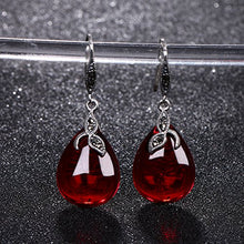 Load image into Gallery viewer, EVER FAITH 925 Sterling Silver Red Chalcedony Crystal Retro Black Leaf Teardrop Hook Earrings