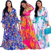 Load image into Gallery viewer, Nuofengkudu Womens Sheer Summer Boho V-Neck Printed Floral Maxi Dress Long Sleeve Dresses Slim Waisted Plus (Blue) L