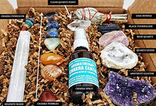 Load image into Gallery viewer, Premium Healing Crystals Full Gift Set/Includes 7 Chakra tumbles, Crystal Pendulum, Amethyst Cluster, Raw Rose Quartz, and Crystal Point/Bohemian Meditation Kit