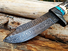 Load image into Gallery viewer, Black Mamba Knives BMK-111 Persian Yuma 9.5 Long 4.5 Blade 7 Ounce Damascus Hunting Fixed Blade Knife With Stag Antler and Turquoise Spacers