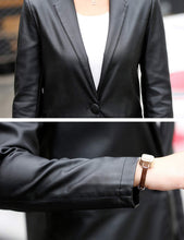Load image into Gallery viewer, Tanming Womens PU Faux Leather Jacket Casual Lapel Long Suit Trench Coat Outerwear (Black-L)