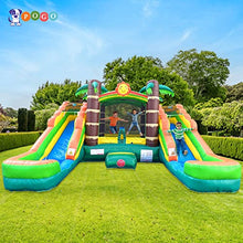Load image into Gallery viewer, Crossover Tropical Inflatable Bounce House Double Slide 16.5 x 15 x 11 Foot - Big Inflatable Water Slide Bouncer House Combo for Kids - Outdoor Party Bounce House with Blower, Stakes, & Storage Bag