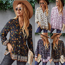 Load image into Gallery viewer, KAYWIDE Women's Casual Boho V Neck Top Loose Floral Printed Long Sleeve Beach Shirts Blouses (036-White, Large)