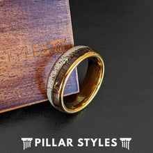 Load image into Gallery viewer, 14K Gold Ring Mens Antler Wedding Band with Koa Wood and Arrow Inlay 8mm Tungsten Deer Antler Rings for Men Rustic Wooden Boho Anniversary Gifts