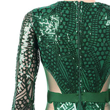 Load image into Gallery viewer, Womens Sequin Dress Geometric Tattoo Floral See Through Patchwork Bodycon Clubwear Mini Dress Dark Green Small/US 0-2