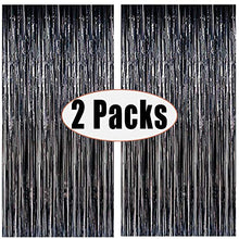 Load image into Gallery viewer, Fecedy 2pcs 3ft x 8.3ft Black Metallic Tinsel Foil Fringe Curtains Photo Booth Props for Birthday Wedding Engagement Bridal Shower Baby Shower Bachelorette Holiday Celebration Party Decorations