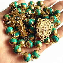 Load image into Gallery viewer, elegantmedical Handmade Gold XL 10MM Turquoise Beads Catholic AVE Maria 5 Decade Rosary Necklace Cross Crucifix Mens Womens Religious Gift