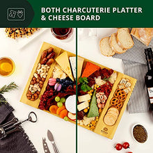 Load image into Gallery viewer, Unique Bamboo Cheese Board, Charcuterie Platter and Serving Tray for Wine, Crackers, Brie and Meat. Large and Thick Natural Wooden Server - Fancy House Warming Gift & Perfect Choice for Gourmets