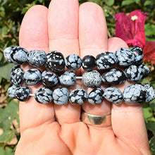 Load image into Gallery viewer, CHARGED Snowflake Obsidian Crystal Bracelet Polished Stretchy + Selenite Heart Charging Crystal (PERFECT GROUNDING PROMOTES SELF-ESTEEM, CONFIDENCE, COURAGE DISSOLVES ANGER & FEAR HEALING ENERGY)