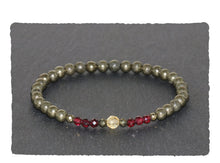 Load image into Gallery viewer, 3mm Faceted & 4mm Round Pyrite, 3mm Faceted Brazilian Garnet and 4mm Faceted Citrine Beaded Gemstone Bracelet Unisex Moneymaker Bracelet