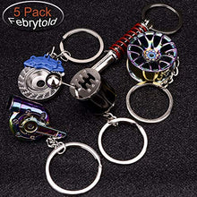 Load image into Gallery viewer, Febrytold 5 Pcs Car Parts Model Key Chains, Colorful Turbo Keychain, Black Manual Gearbox Keychain, Colorful Tire Rim Keychain, Blue Brake Rotor Keychain, Red Spring Shock-absorber Keychain