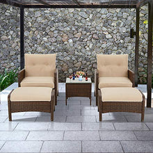 Load image into Gallery viewer, U-MAX 5 Pieces Patio Furniture Set Outdoor Chair and Ottoman Set with Cushions & Side Table, Brown PE Wicker Rattan Lawn Pool Balcony Backyard Conversation Lounge Set, White & Tan Cushion