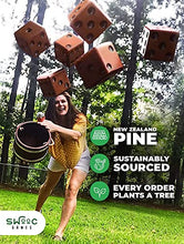Load image into Gallery viewer, SWOOC Games - Yardzee, Farkle & 20+ Games - Giant Yard Dice Set (All Weather) with Wooden Bucket, 5 Big Laminated Score Cards, and Dry Erase Marker - Jumbo Backyard Lawn Games