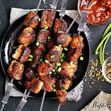 Load image into Gallery viewer, FLAFSTER KITCHEN Skewers for Grilling- 16" Long Flat BBQ Skewers with Push Bar- Shish Kabob Skewers - Stainless Steel Skewer Sticks for Camping - Wide Reusable Sword Skewers - 8 Pack with Storage Bag