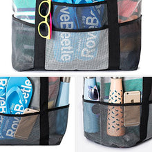 Load image into Gallery viewer, SoHo, Mesh Beach Bag - Toy Tote Bag - Large Lightweight Market, Grocery & Picnic Tote with Oversized Pockets (Black/White)