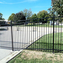 Load image into Gallery viewer, XCEL - Black Steel Anti-Rust Fence Panel - Flat End Picket - 6.5ft W x 5ft H - Easy Installation Kit, Outdoor Residential Fencing for Yard, Garden, Concrete, 3-Rail Metal Fence, Include a Fence Post