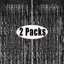 Load image into Gallery viewer, Fecedy 2pcs 3ft x 8.3ft Black Metallic Tinsel Foil Fringe Curtains Photo Booth Props for Birthday Wedding Engagement Bridal Shower Baby Shower Bachelorette Holiday Celebration Party Decorations