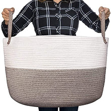 Load image into Gallery viewer, Luxury Little XXXL Nursery Storage Basket :: 100% Cotton Rope Hamper with Handles :: Sturdy Baby Bin Organizer for Laundry Toys Blankets Pillows :: 22 x 22 x 14 Off White/Beige