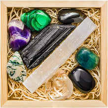 Load image into Gallery viewer, Crystalya Premium Grade Crystals and Healing Stones for Protection EMF in Wooden Box– Obsidian, Fluorite, Malachite, Hematite, Amethyst, Tree Agate, Quartz, Selenite, Tourmaline Gemstones + Info Guide