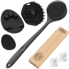 Load image into Gallery viewer, Manmihealth Silicone Back Scrubber & Soft Bath Glove Set 4 PCS(Thick Bristles), Super-Exfoliating Body Scrubber & Super-Lathering Shower Brush Combination, with 2 Free Hooks (Black)
