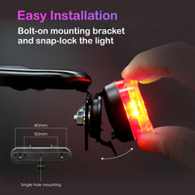 Load image into Gallery viewer, BikeSpark Auto-Sensing Rear Light G4R, USB Rechargeable, 240HRs, Precise Brake Sensing for Cargo Rack, Large Reflector, 50/80mm Screw Mounted, Easy Release, Made in Taiwan