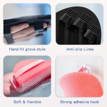 Load image into Gallery viewer, Manmihealth Silicone Back Scrubber & Soft Bath Glove Set 4 PCS(Thick Bristles), Super-Exfoliating Body Scrubber & Super-Lathering Shower Brush Combination, with 2 Free Hooks (Black)