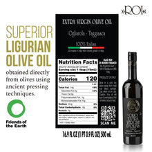 Load image into Gallery viewer, ROI Ligurian Italian Extra Virgin Olive Oil - First Cold Pressed EVOO, Fresh harvest - Ogliarola-Taggiasca Ligurian Olives - Polyphenol Rich Olive Oil From Liguria Italy - 17 fl oz (500ml)