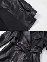 Load image into Gallery viewer, RISISSIDA Womens Faux Leather Trench Coats Mid Length, Vegan Pleather Long Jacket Double Breasted with Belt Black 22072 S