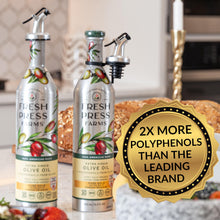 Load image into Gallery viewer, Fresh Press Farms Cold Pressed High Polyphenol Pure Gold Extra Virgin Olive Oil, 16.4 Fl Oz (Pack of 2), Georgia Grown, 100% American Made, Unrefined, Certified Whole30, Non-GMO, Keto, Paleo, Gluten Free