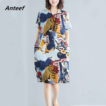 Load image into Gallery viewer, cotton linen vintage floral plus size women casual loose midi summer dress elegant clothes 2020 ladies dresses sundress