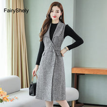 Load image into Gallery viewer, FairyShely Woolen Vest Knitted Sweater Dress Suit Women 2020 Autumn Winter Vintage Long Pullover Belt Blazer Dress Two Piece Set