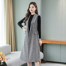 Load image into Gallery viewer, FairyShely Woolen Vest Knitted Sweater Dress Suit Women 2020 Autumn Winter Vintage Long Pullover Belt Blazer Dress Two Piece Set