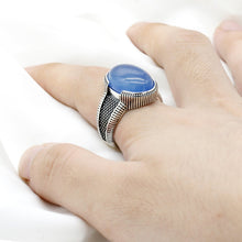 Load image into Gallery viewer, 2020 New Real 925 Sterling Silver Men's Ring with Big Natural Blue Agate Stone Vintage Simple Male Rings Turkish Jewelry Gift