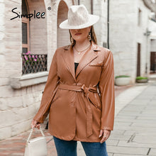 Load image into Gallery viewer, Simplee Office lace up women plus size Jacket autumn winter Elegant lapel blazer jacket brown Casual pocket fashion top coats