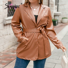Load image into Gallery viewer, Simplee Office lace up women plus size Jacket autumn winter Elegant lapel blazer jacket brown Casual pocket fashion top coats