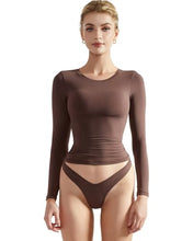 Load image into Gallery viewer, SUUKSESS Women Double Lined Fitted Basic Tee Shirts Crew Neck Long Sleeve Going Out Crop Tops (Mocha, M)
