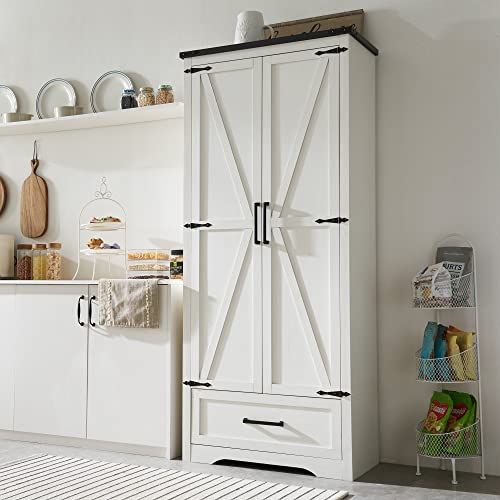 Load image into Gallery viewer, JXQTLINGMU Farmhouse Kitchen Pantry Cabinet - 72" Tall Wood Kitchen Storage Cabinets with Adjustable Shelves & 2 Barn Doors & Drawer, Versatile Storage for Dining Room, Bathroom, Antique White
