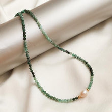 Load image into Gallery viewer, Gempires Emerald Beaded Necklace with Freshwater Pearl, Emerald Pearl Necklace, Choker Style, Party wear, Gift for Mom, Girlfriend, Wife, 14k Gold Plated 18 inch Adjustable Chain
